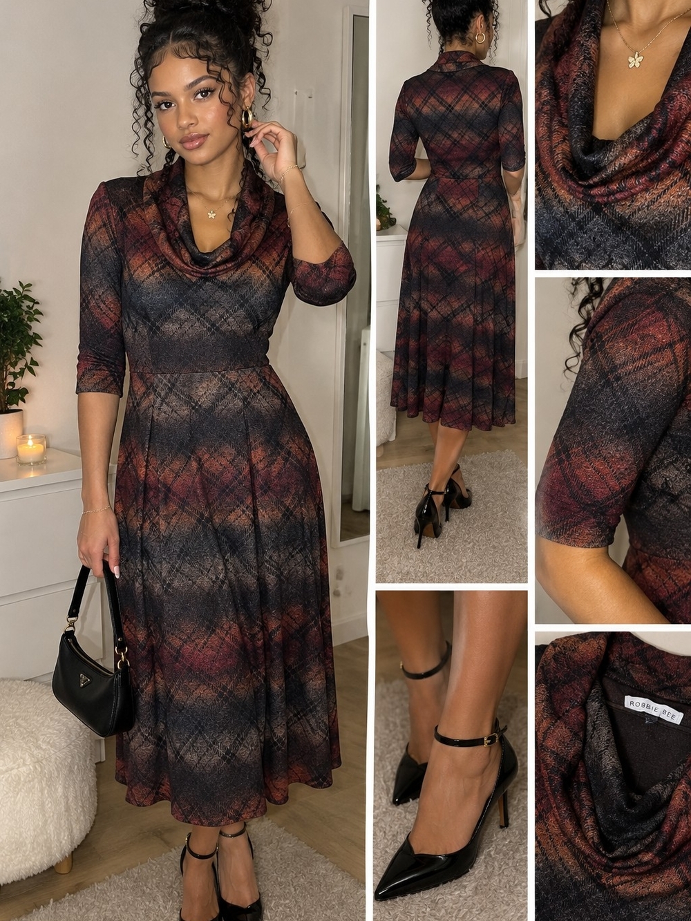 Cowl Neck Plaid Midi Dress in Black & Rust